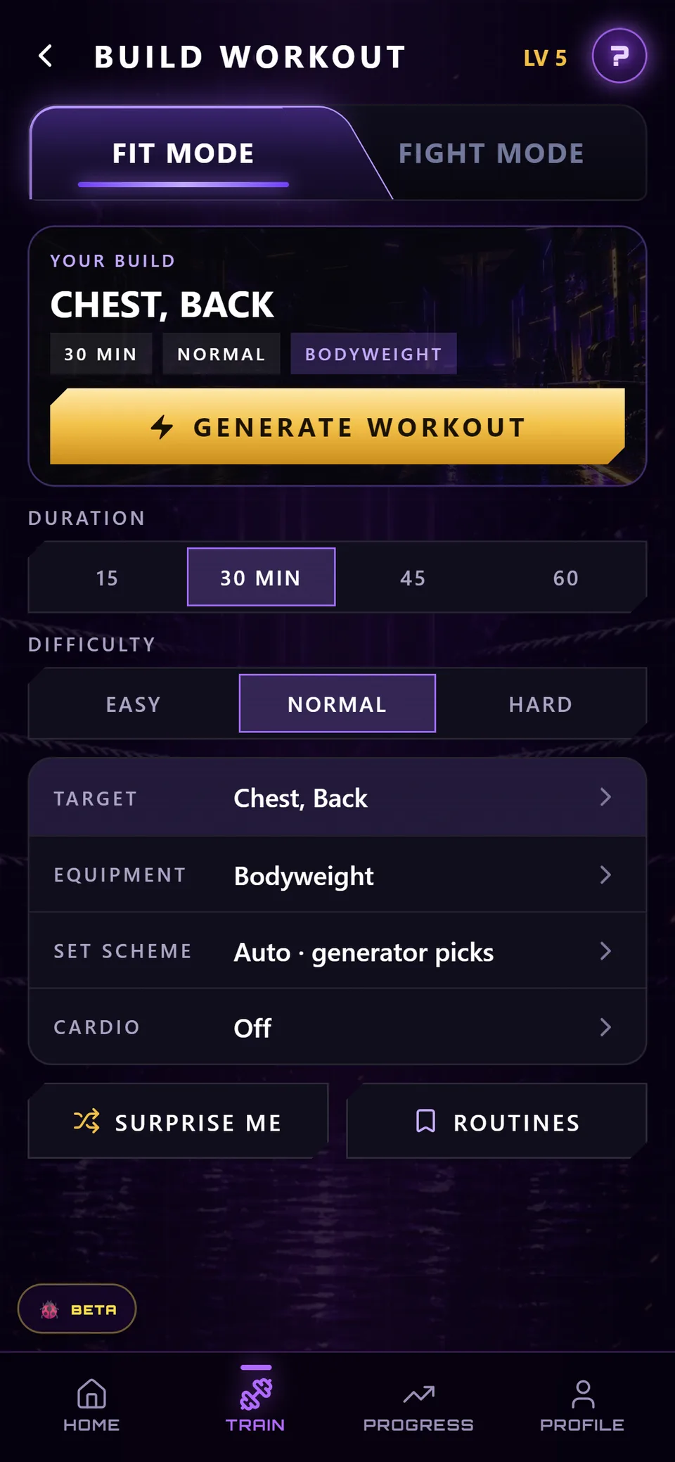 Build Workout screen