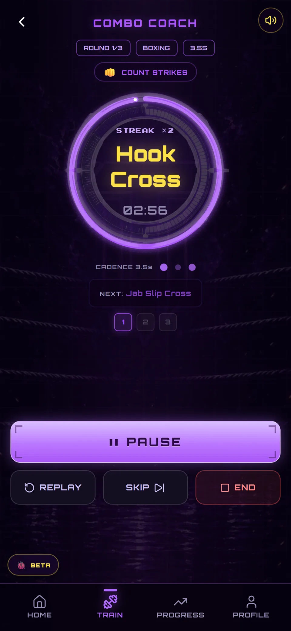 Combo Coach calling a combination in the Training Mode app