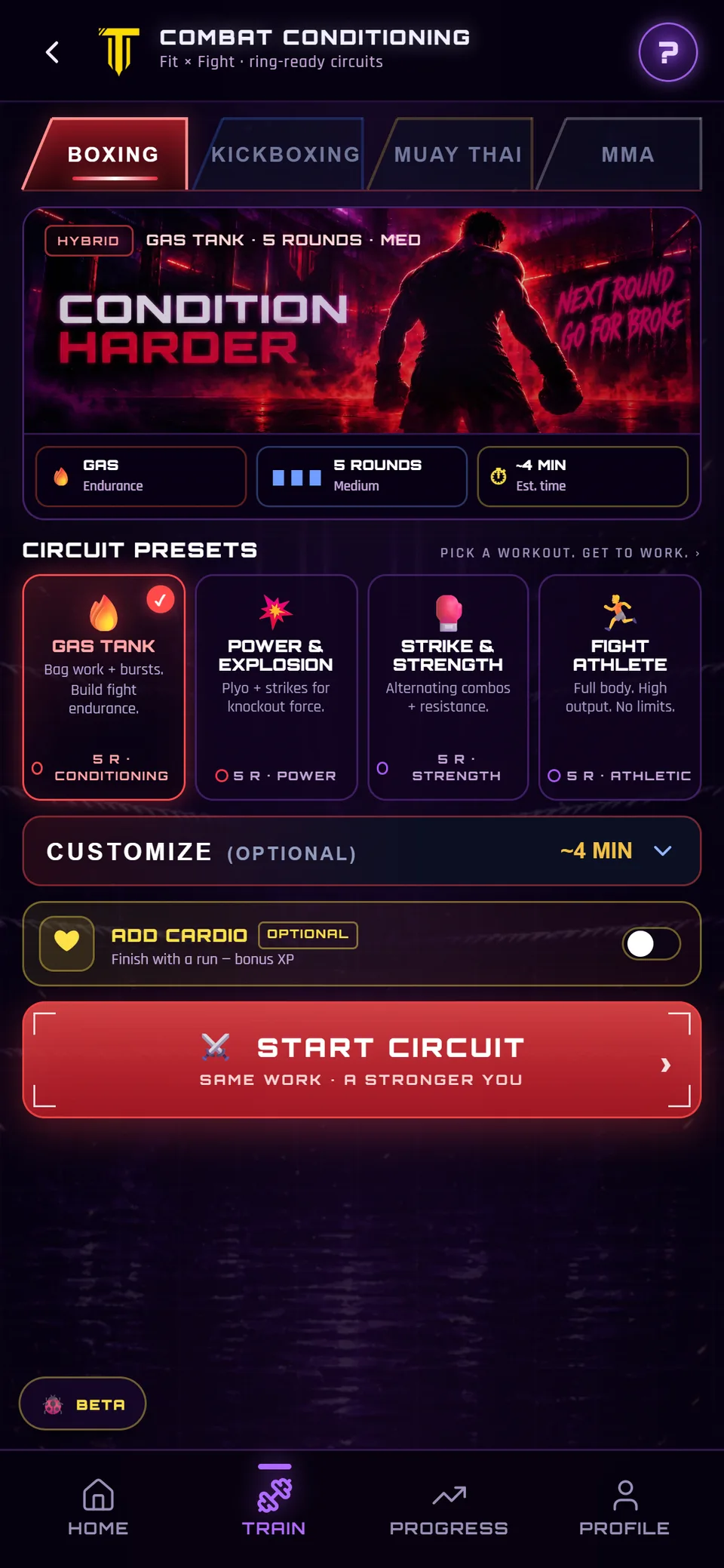Combat Conditioning setup: presets, intensity and equipment