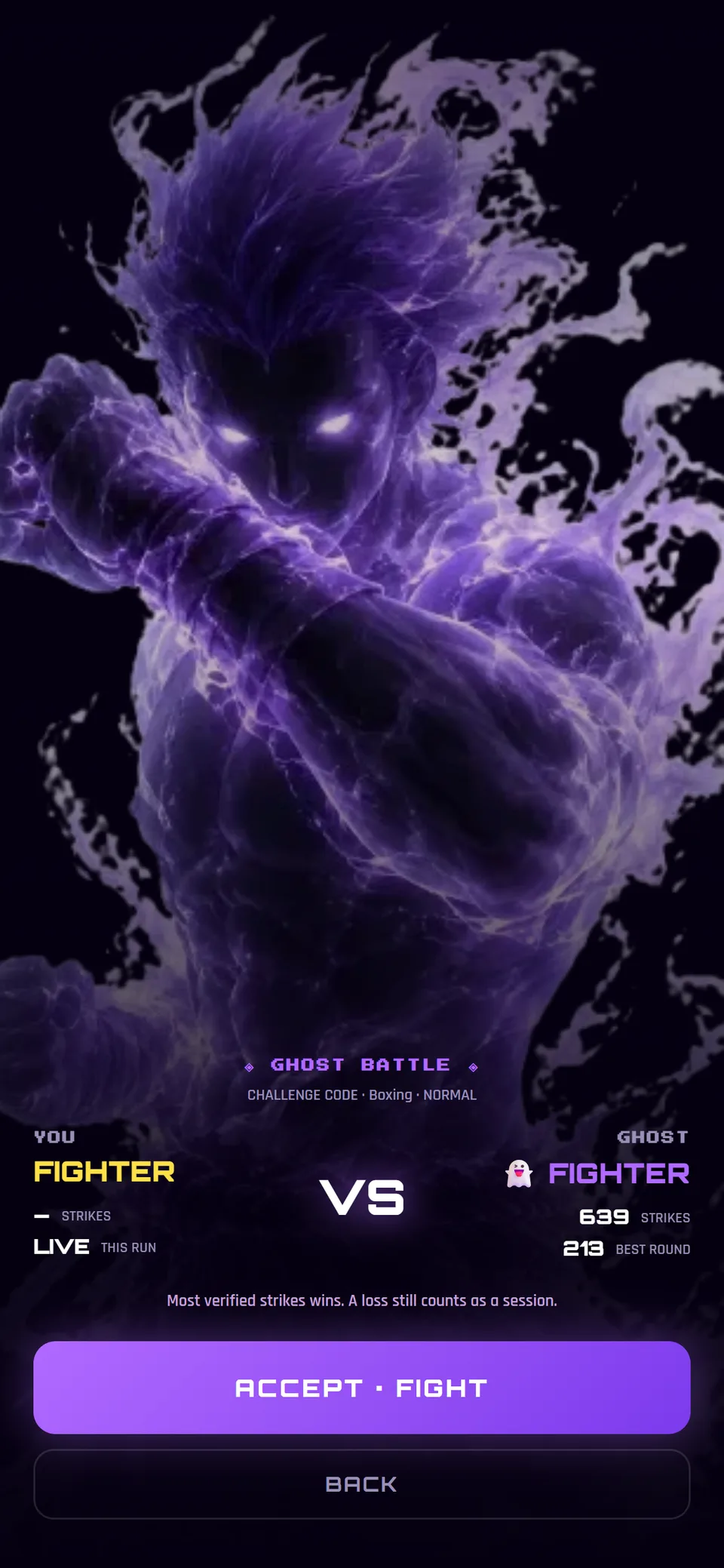 Ghost Battle screen: you versus a friend's verified fighter, Boxing · Normal, Accept · Fight